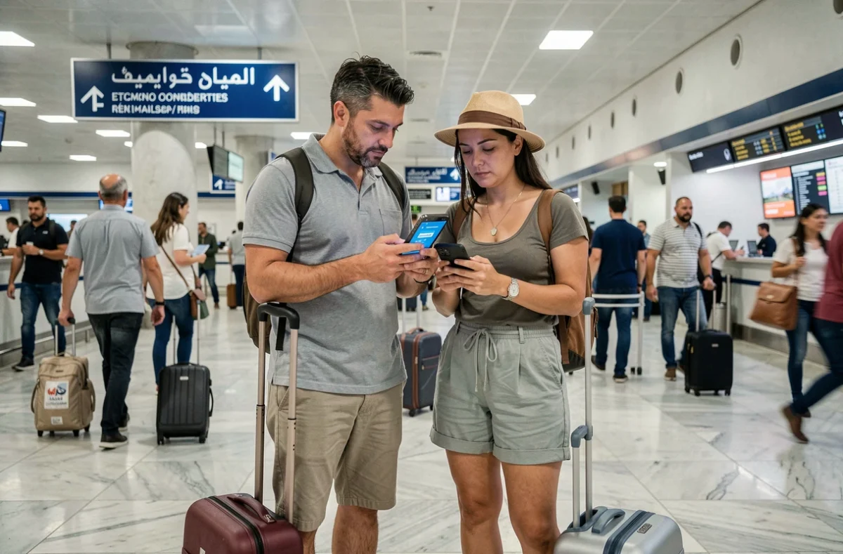 Couple à l'aéroport marocain choisissant un forfait téléphonique pour leur séjour court au Maroc