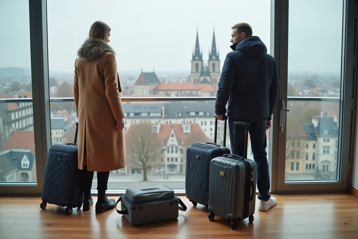 Couple préparant ses bagages devant la vue panoramique d'une ville lors d'un week-end prolongé en appartement