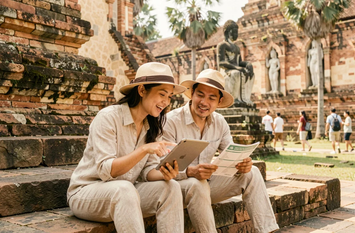 Couple de voyageurs consultant un blog sur la Thaïlande sur tablette assis sur les marches des ruines temples d'Ayutthaya