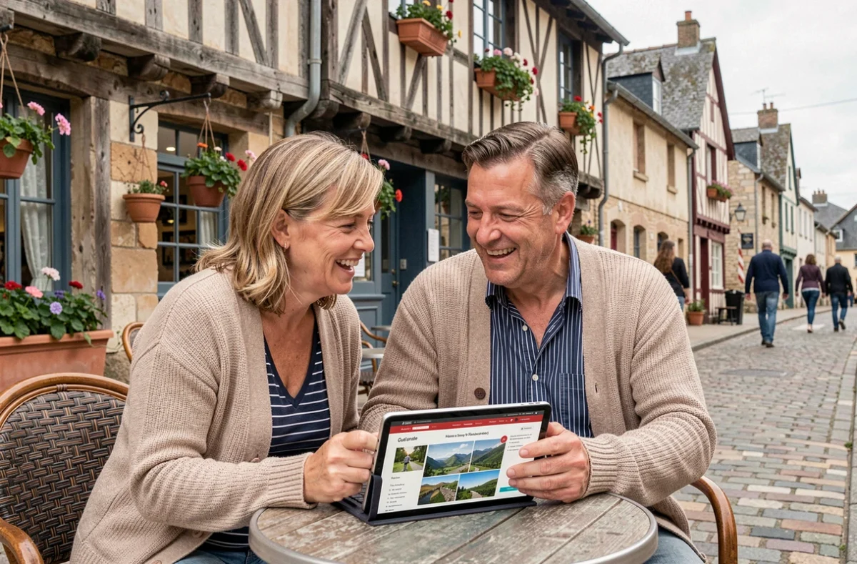 Couple de touristes utilisant un guide interactif en ligne sur tablette dans le centre historique de Guérande