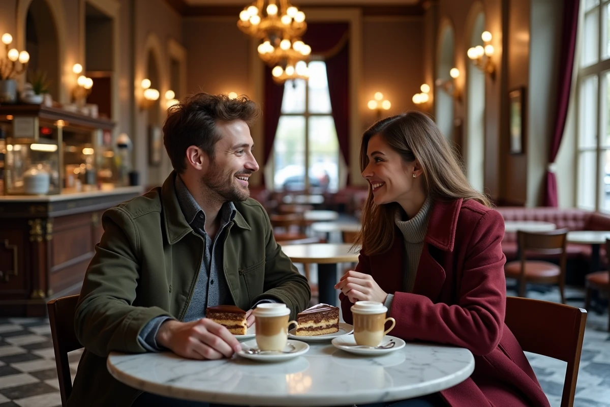 Couple dégustant une Sachertorte et un café viennois dans un élégant café historique de Vienne lors d'une première visite