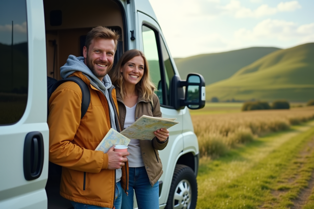 Couple souriant près d'un van en campagne française