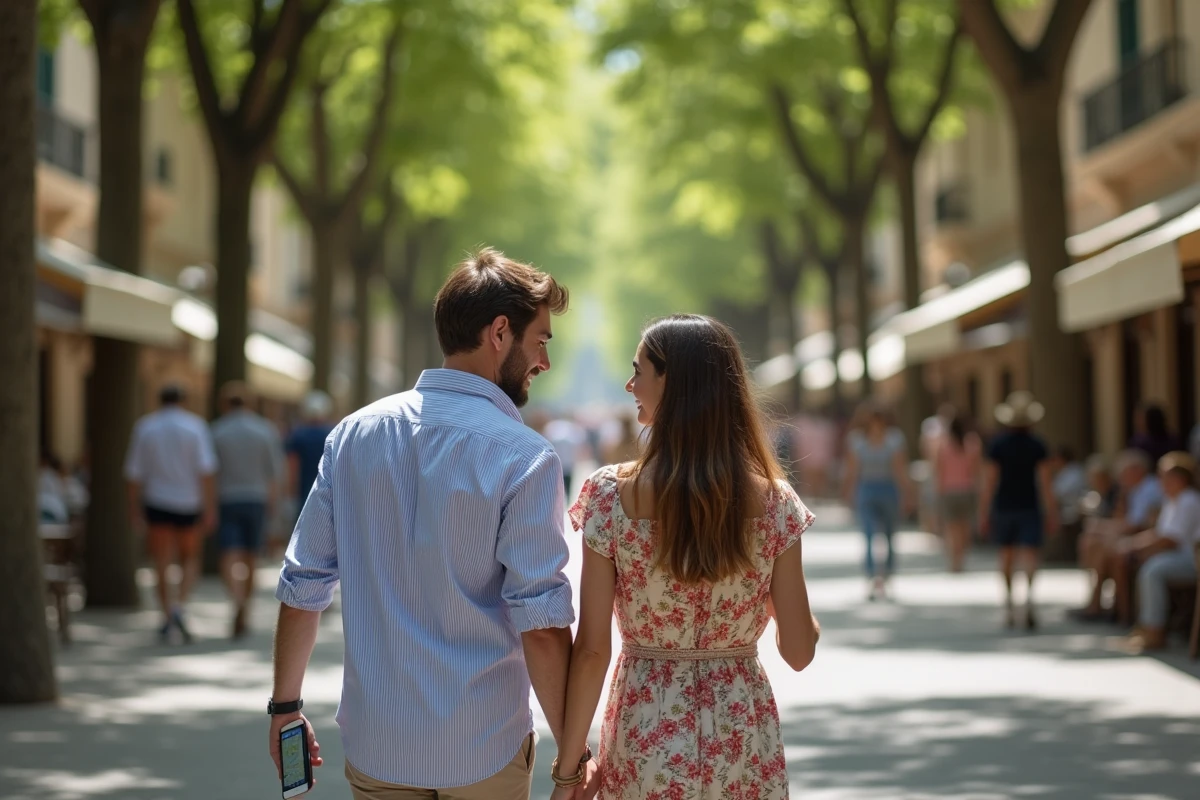 Couple se promenant sur le Cours Mirabeau à Aix-en-Provence avec un plan numérique sur smartphone