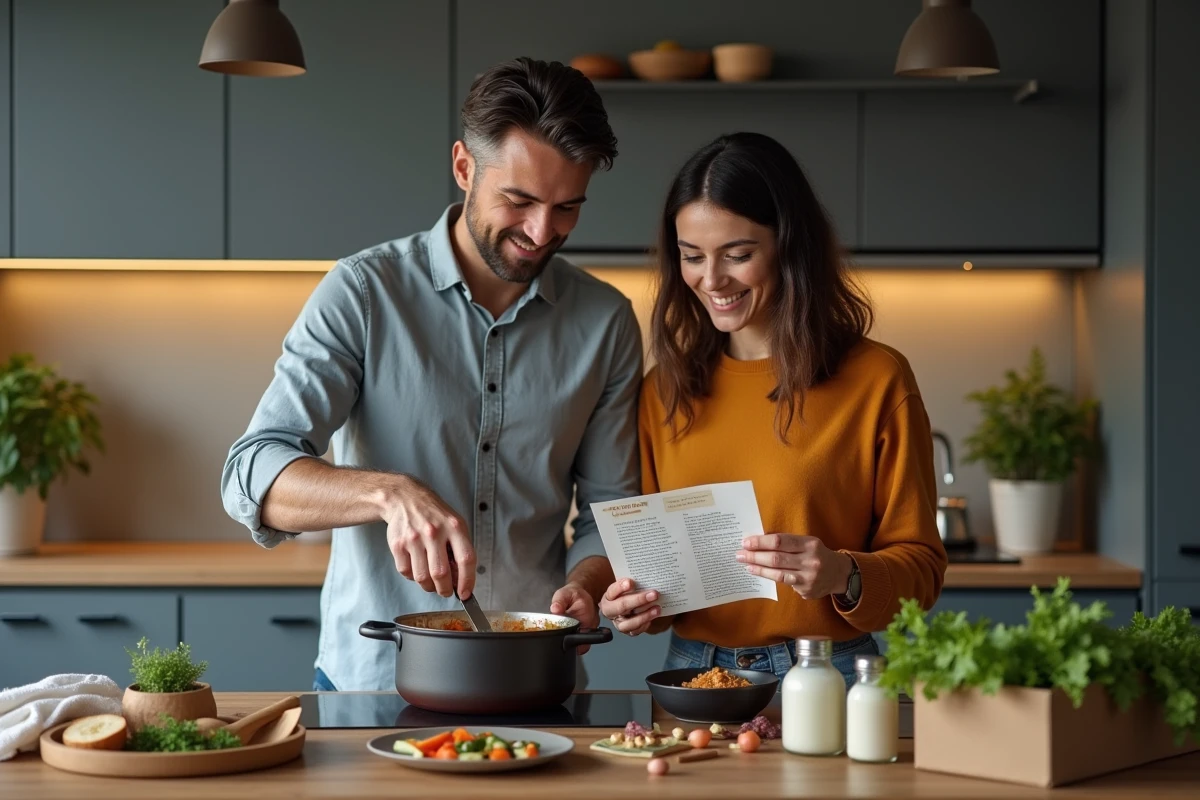 Couple cuisinant ensemble une recette du monde à partir d'une box abonnement dans une cuisine moderne