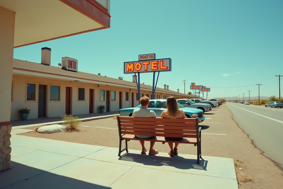 Jeune couple relaxant devant un motel américain vintage