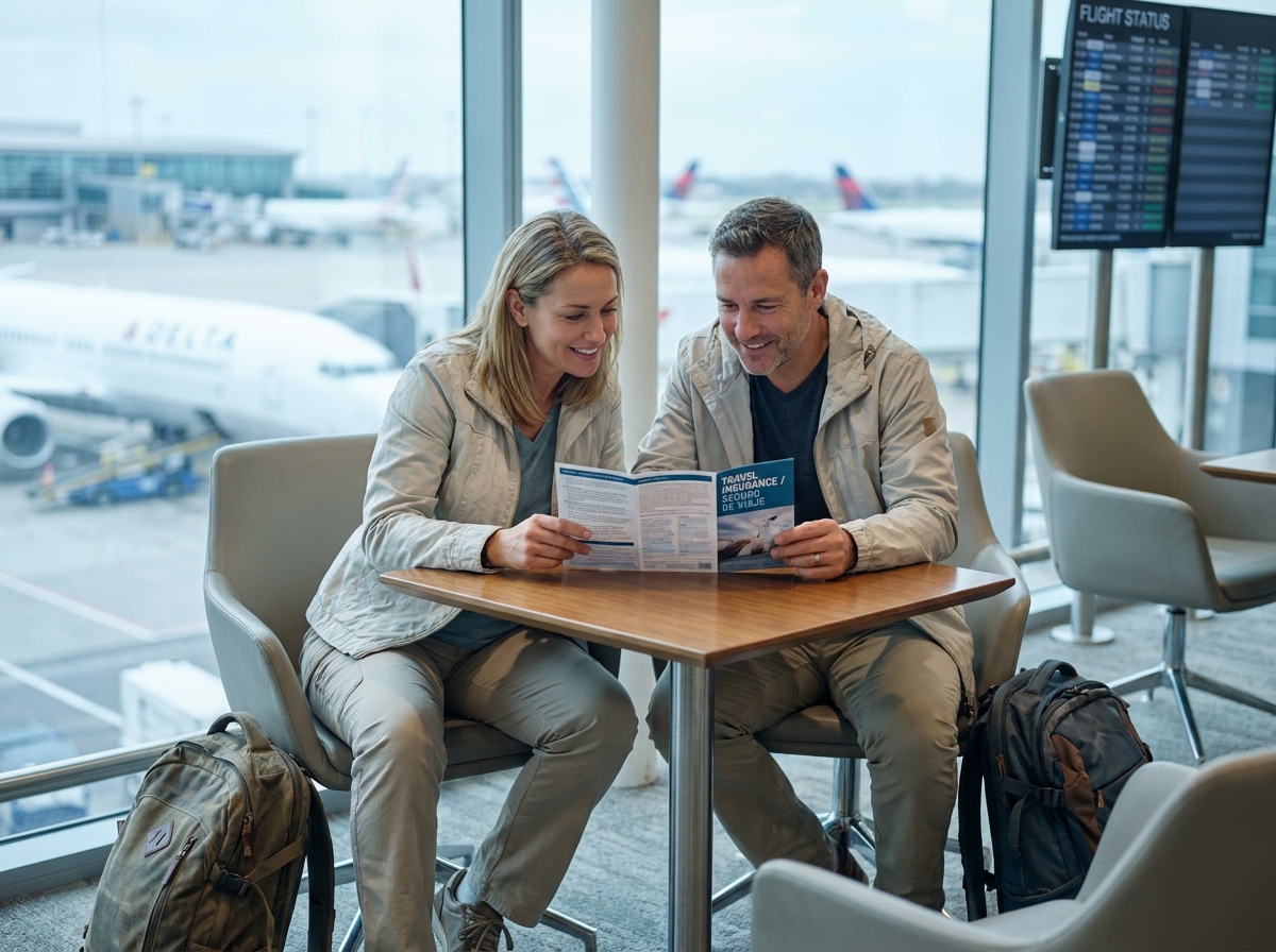 Couple d'expatriés consultant leur contrat d'assurance santé internationale dans un aéroport avant leur départ
