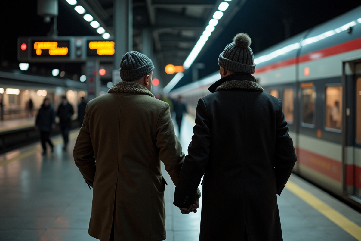 Couple habille sur le quai Gare de Lyon la nuit