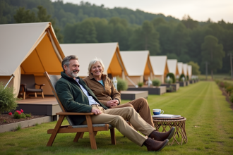 Couple souriant en camping luxe avec tentes élégantes