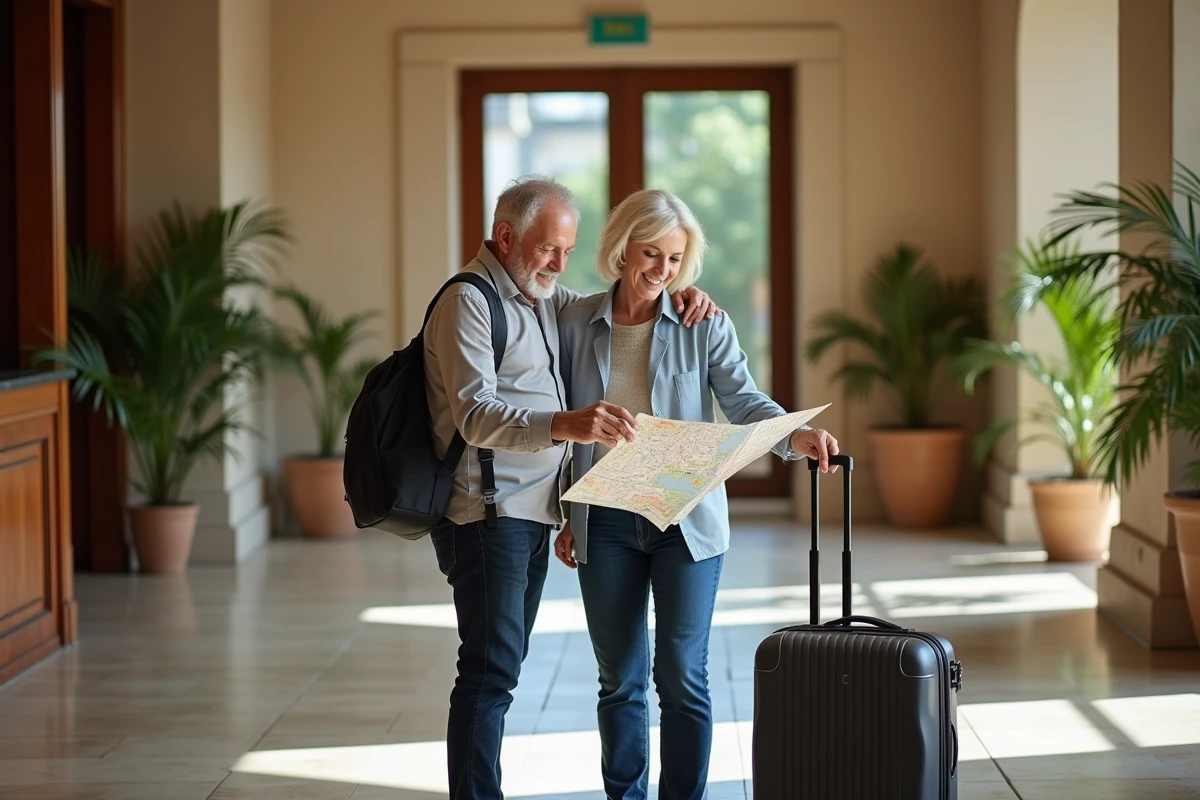 Couple consultant une carte dans le lobby d