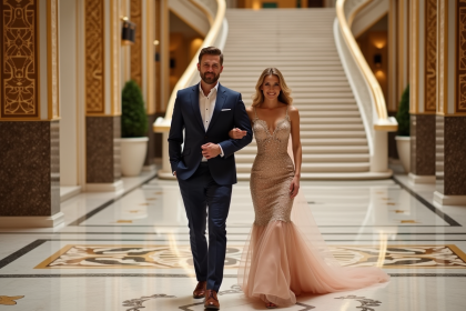 Couple élégants dans le lobby du Burj Al Arab en tenue chic