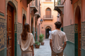 Jeune couple dans la Medina de Marrakech admirant des portes colorées