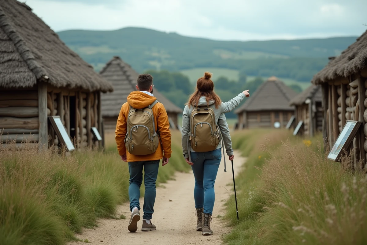 Couple explorant le site archéologique et le village gaulois reconstitué du MuséoParc Alésia en Bourgogne
