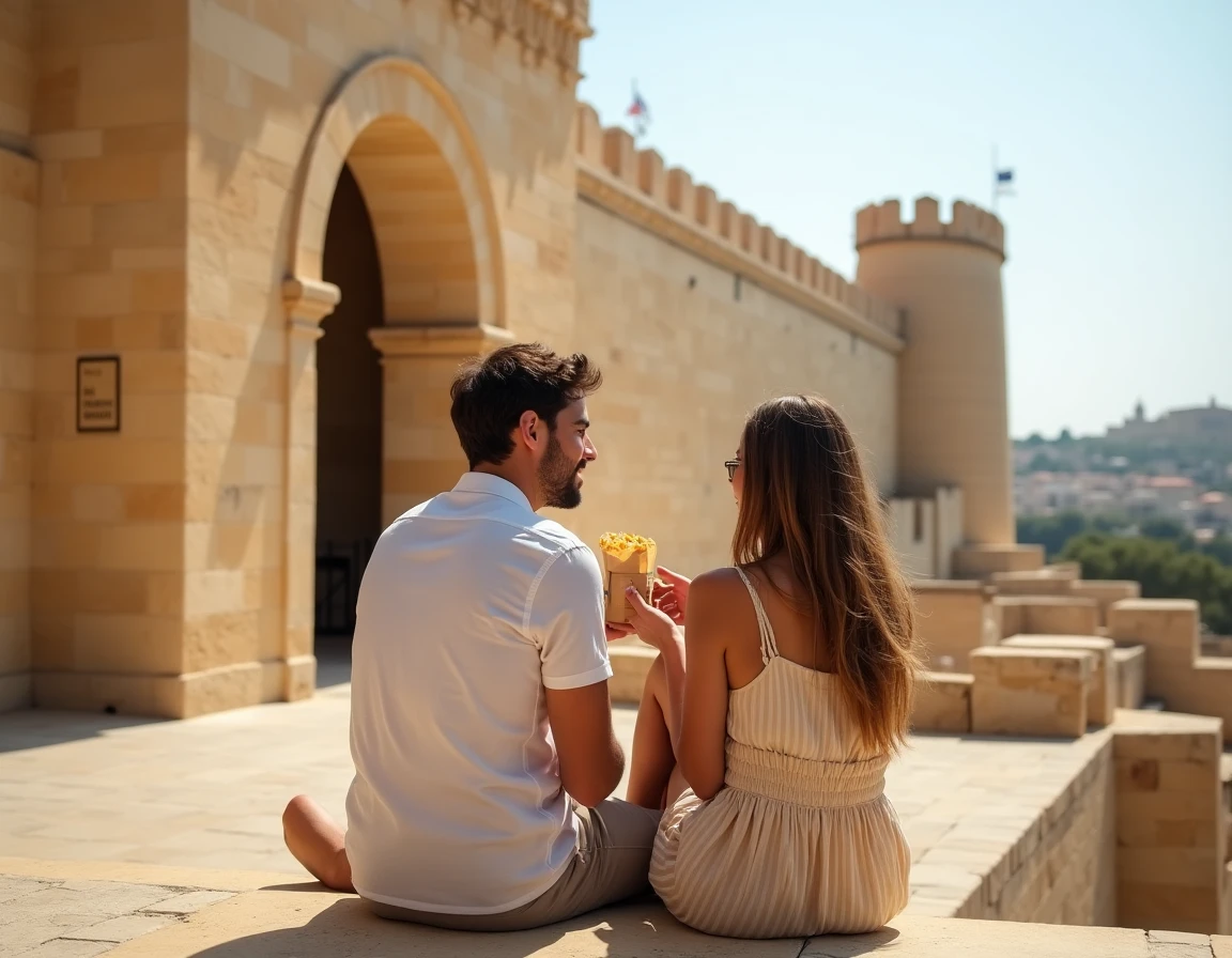 Couple dégustant des pastizzi maltais assis sur les marches de pierre dorée devant les remparts de Mdina, Malte