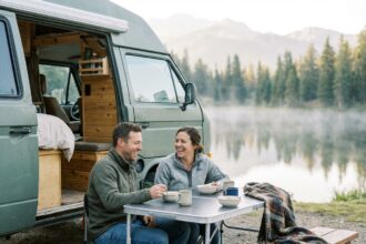 Couple souriant prenant le petit déjeuner près du lac