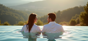 Couple heureux dans une piscine à débordement en Provence