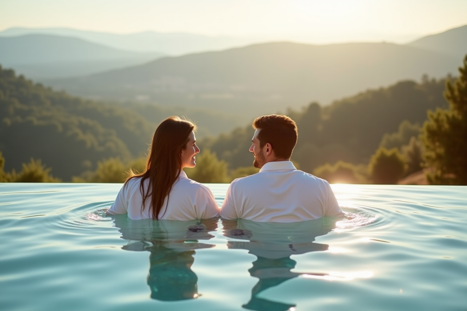 Couple heureux dans une piscine à débordement en Provence