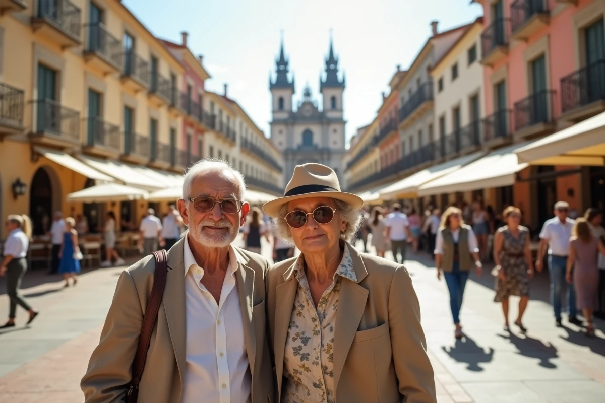 Couple agee dans une place mediterannee animée
