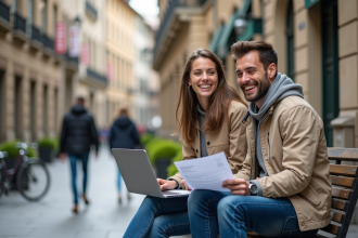 Jeune couple riant dans une place urbaine européenne