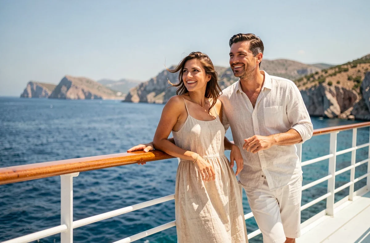Couple de voyageurs sur le pont d'un bateau de croisière avec vue sur les îles grecques en arrière-plan