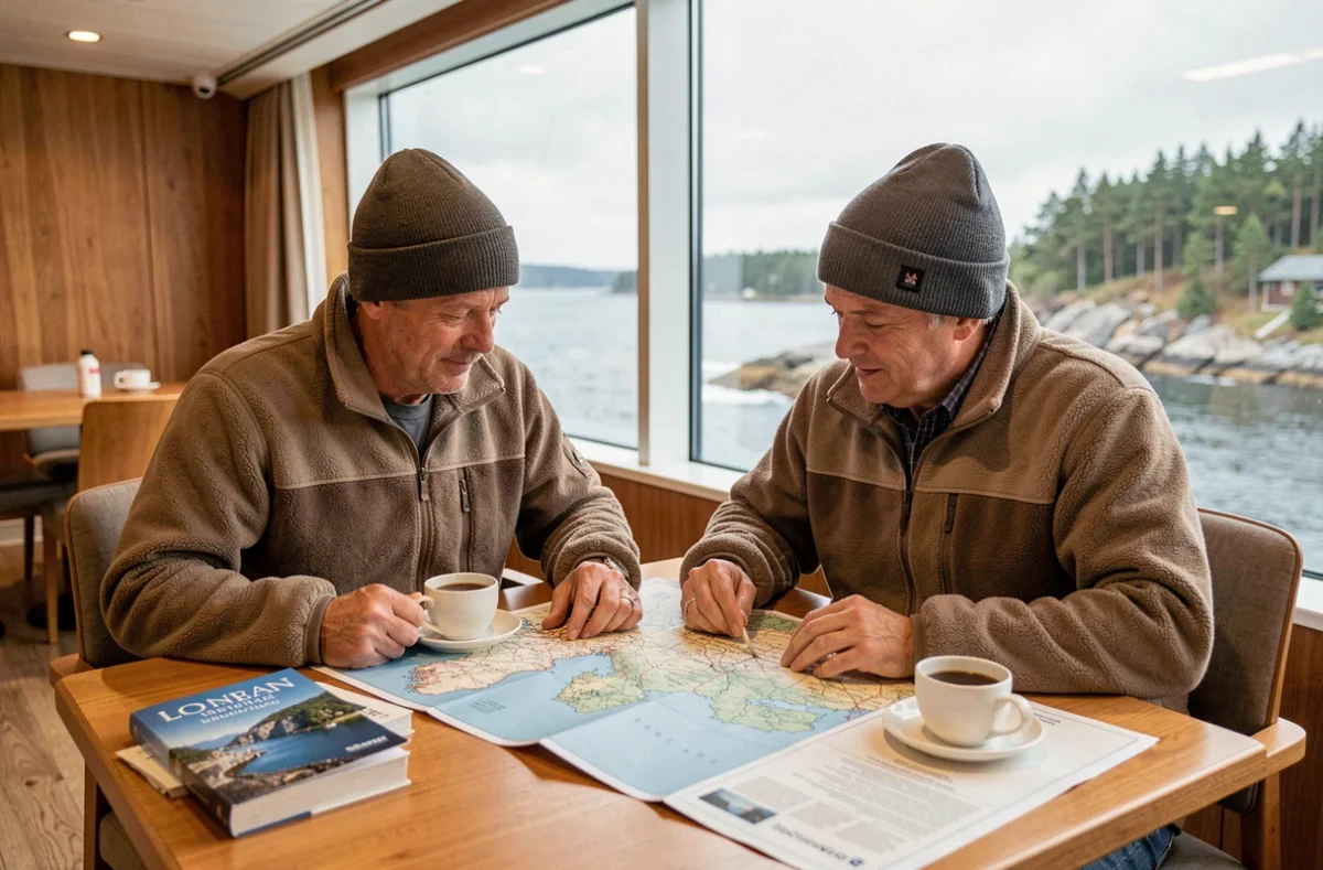 Couple consultant une carte des pays nordiques à bord d'un bateau de croisière avec vue sur la côte scandinave
