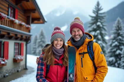 Couple souriant en ski devant chalet alpin en Oberammergau