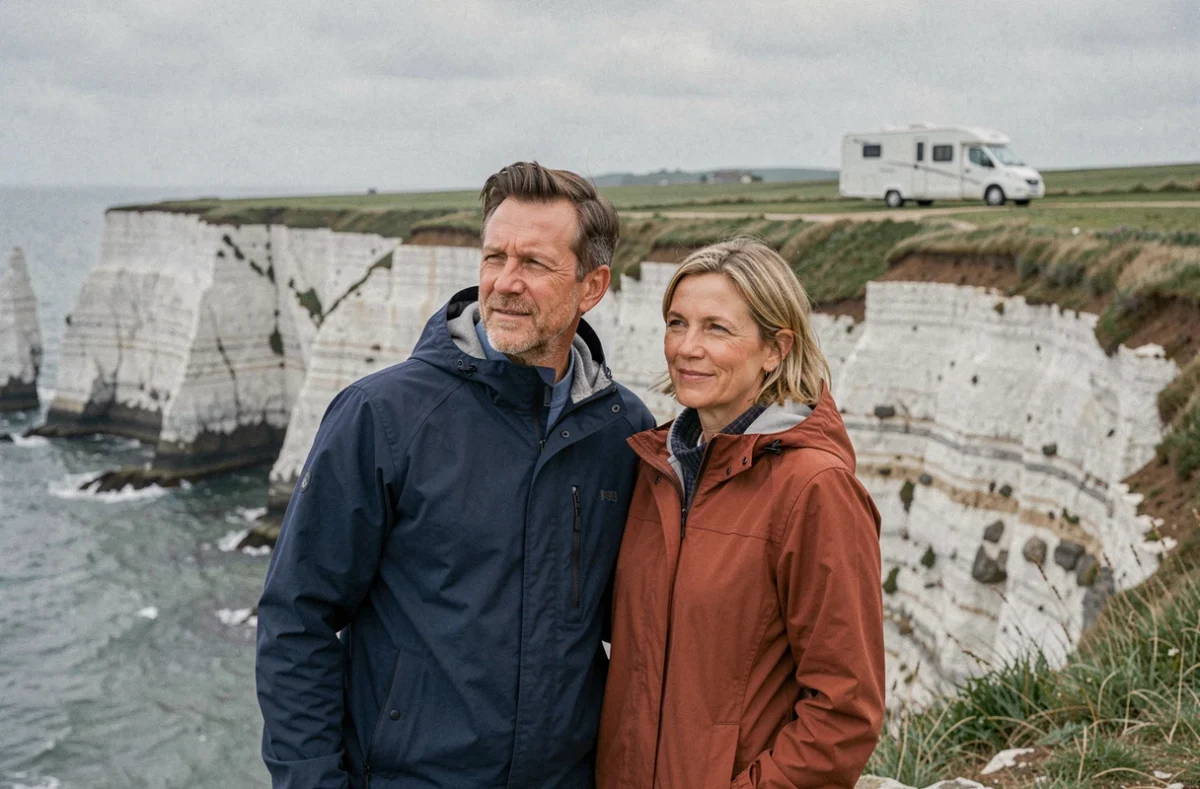 Couple de voyageurs en camping-car admirant le panorama depuis le sommet des falaises d'Ault en Normandie