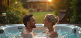 Couple romantique dans un jacuzzi en Normandie