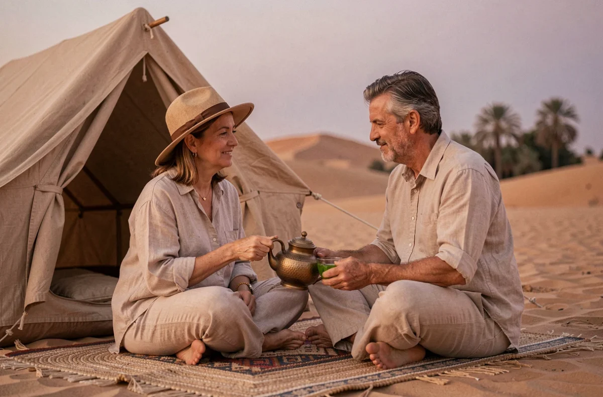 Couple de voyageurs savourant un thé à la menthe devant une tente de camp au coucher du soleil à Ksar Ghilane en Tunisie