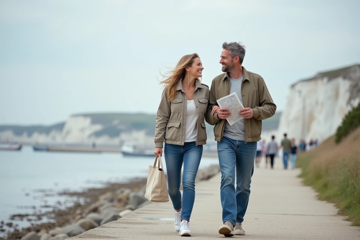 Couple en vacances économiques se promenant sur le front de mer de Fécamp avec les falaises de Normandie en arrière-plan