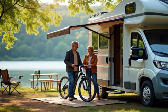 Couple souriant avec motorhome au bord du lac