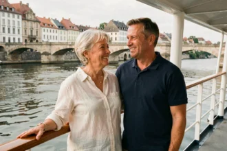 Couple de voyageurs sur le pont d'un bateau de croisière fluviale AB Croisière admirant un paysage européen