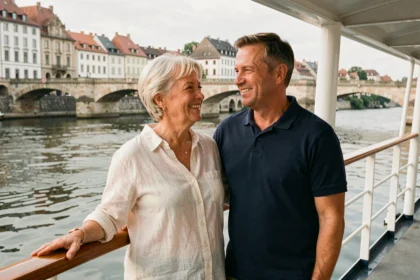 Couple de voyageurs sur le pont d'un bateau de croisière fluviale AB Croisière admirant un paysage européen