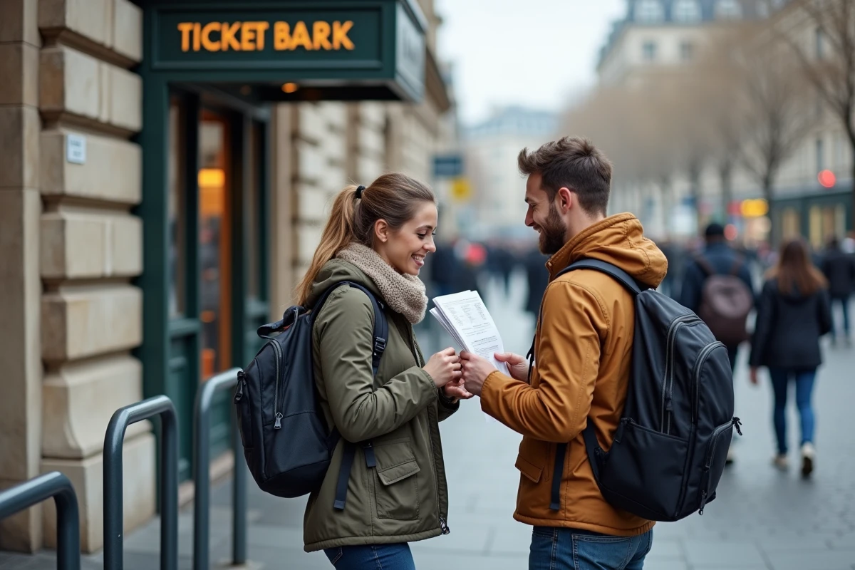 Couple de voyageurs consultant leur réservation Get Your Guide devant un site touristique à Paris