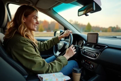 Jeune femme préparant son itinéraire en covoiturage Montréal New York avec GPS sur le tableau de bord d'une voiture au bord de l'autoroute