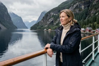Femme en parka sur le pont d'un bateau de croisière admirant un fjord norvégien entouré de falaises boisées