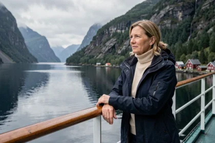 Femme en parka sur le pont d'un bateau de croisière admirant un fjord norvégien entouré de falaises boisées