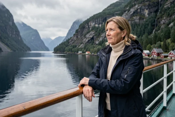 Femme en parka sur le pont d'un bateau de croisière admirant un fjord norvégien entouré de falaises boisées