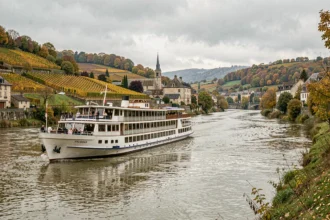 Bateau de croisière fluviale naviguant sur un fleuve européen bordé de vignobles et de villages médiévaux en automne