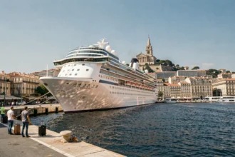 Paquebot de croisière amarré au port de Marseille avec vue sur la basilique Notre-Dame de la Garde en arrière-plan