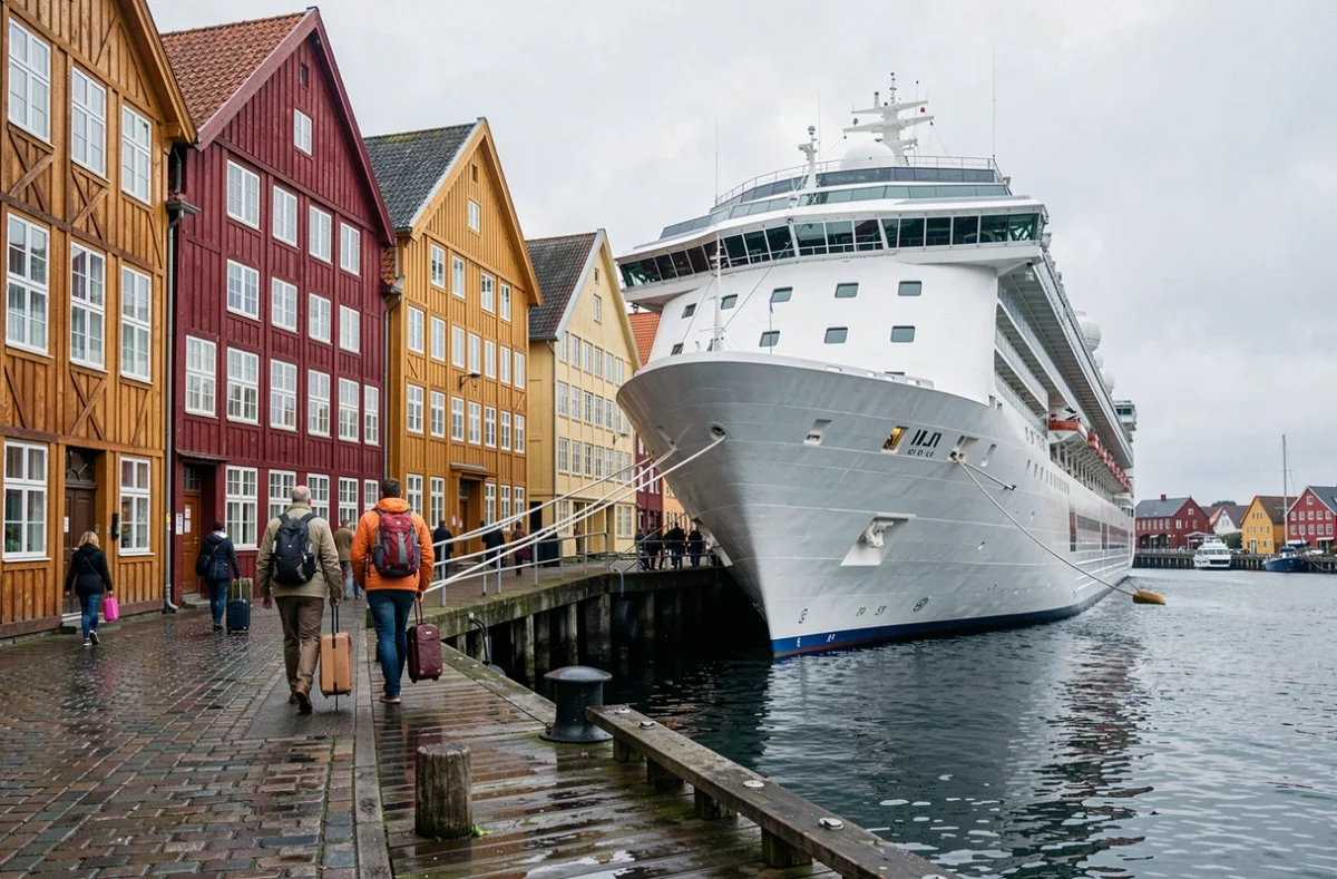 Bateau de croisière amarré au port de Bergen en Norvège face aux maisons colorées du quartier historique de Bryggen
