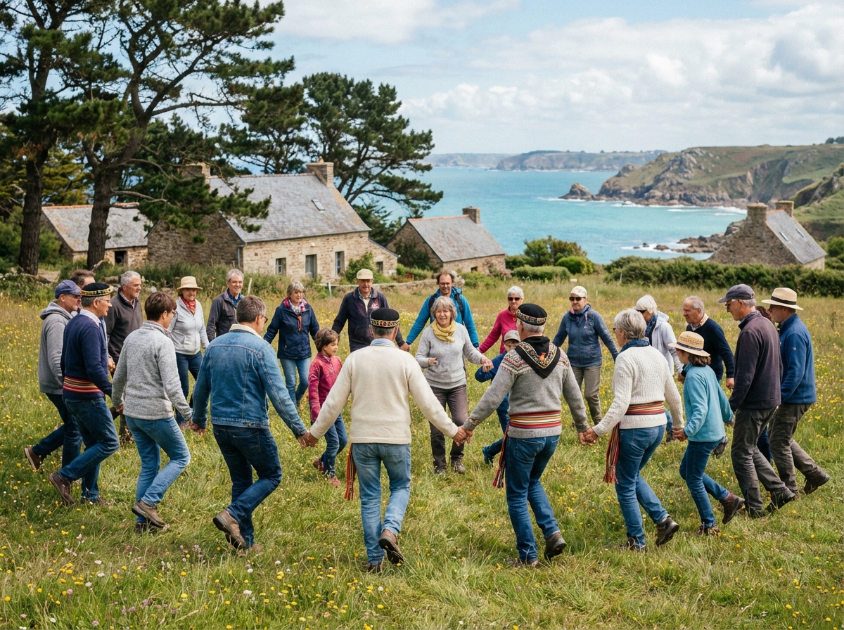 Groupe de danseurs bretons en cercle dans un pré
