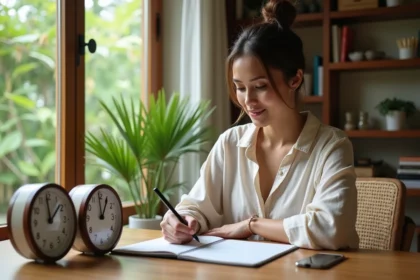 Femme comparant deux horloges analogiques représentant le décalage horaire entre Paris et La Réunion dans un bureau tropical