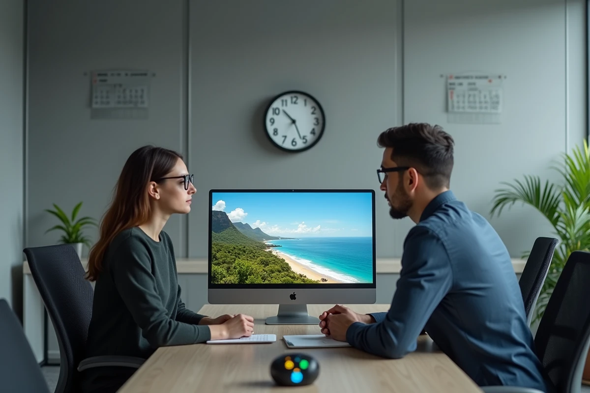Deux collègues en visioconférence avec La Réunion dans un bureau français, illustrant le décalage horaire saisonnier