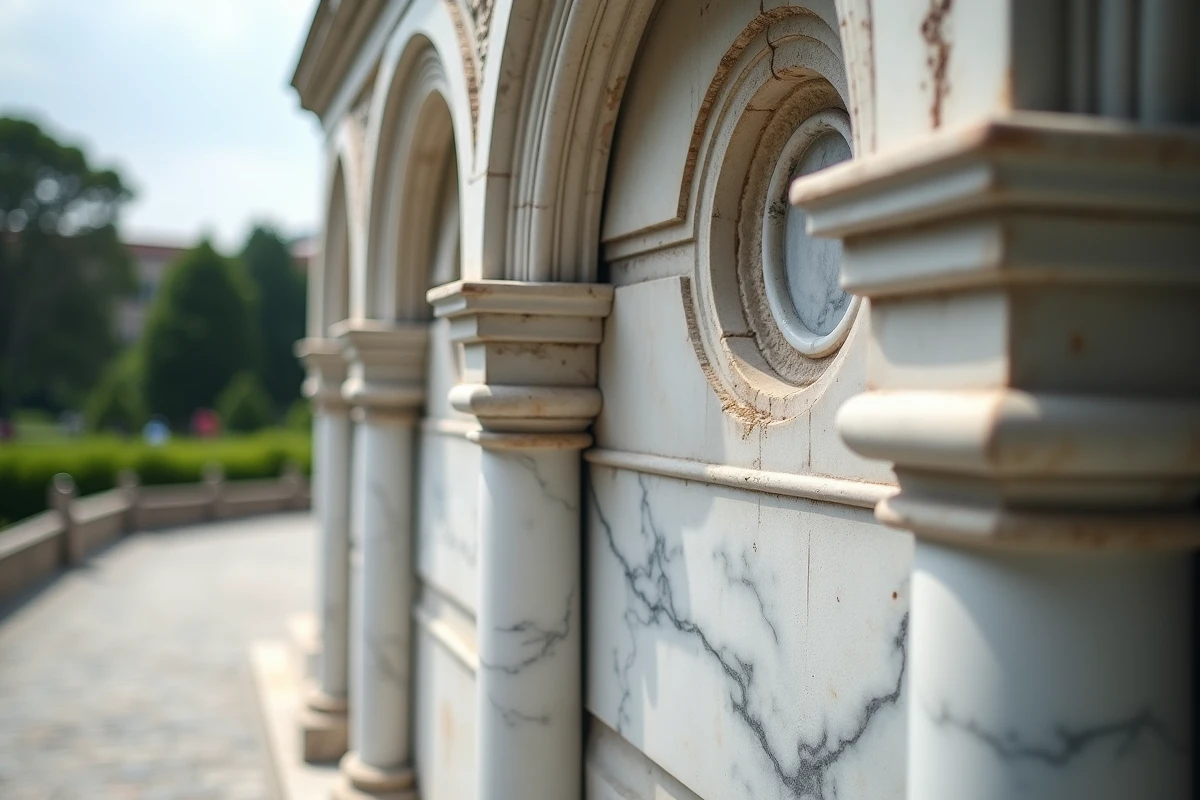 Détail architectural des colonnes et arcades en marbre de la Tour de Pise