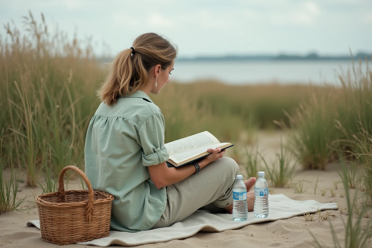 Femme se relaxant en famille sur la plage des marais de Pennedepie en Normandie