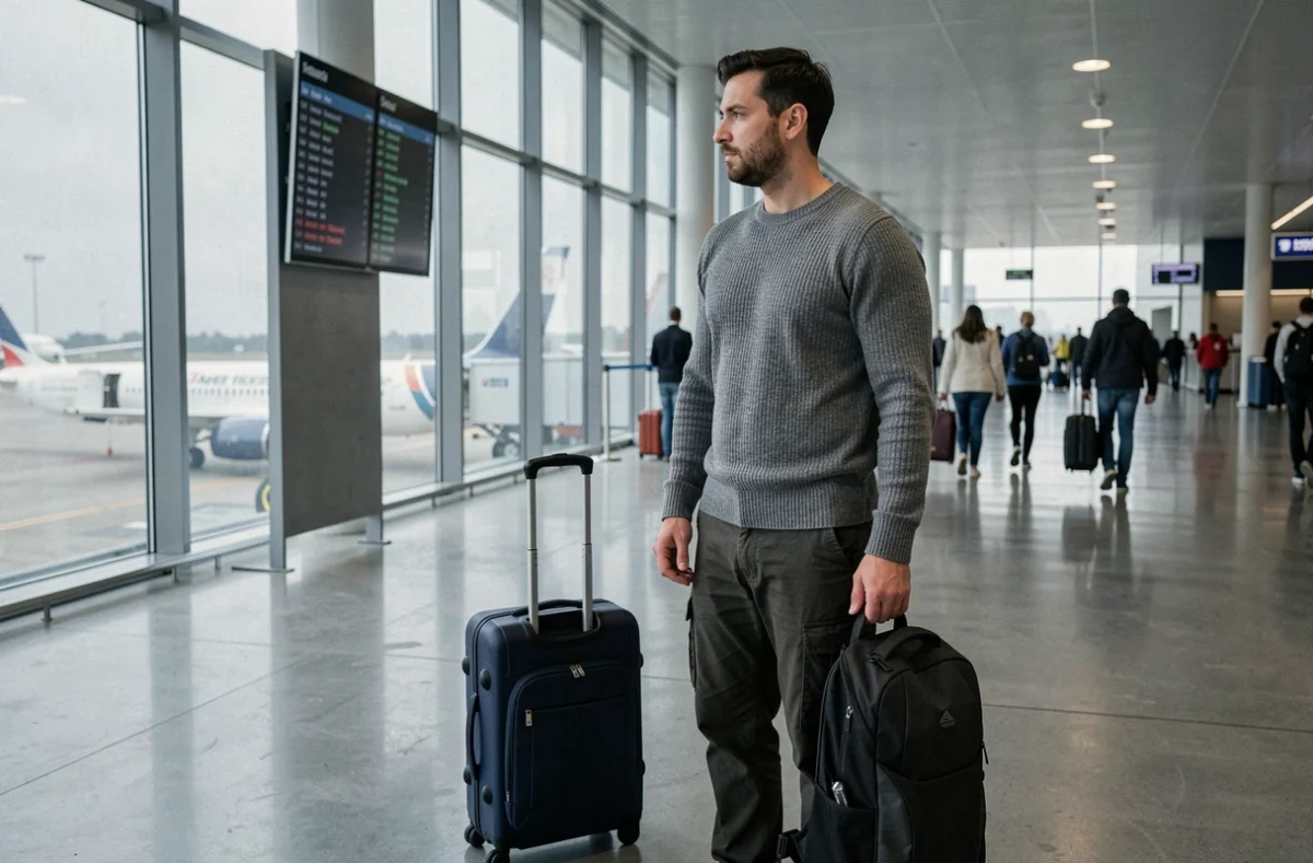 Homme digital nomad debout dans un aéroport moderne avec une valise cabine et un sac à dos technique, regardant le tableau des départs
