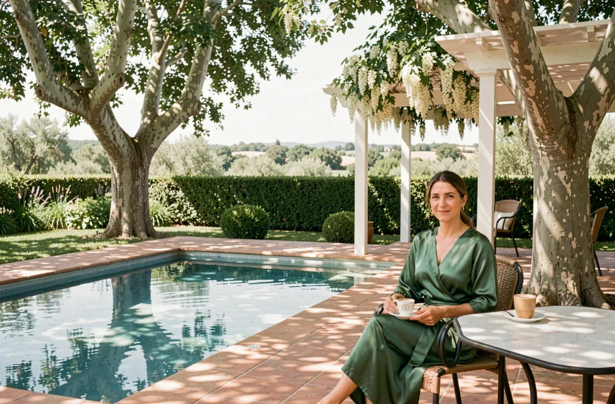 Piscine du Domaine de Biar Hotel à Laverune entourée d'un jardin méditerranéen luxuriant avec pergola fleurie