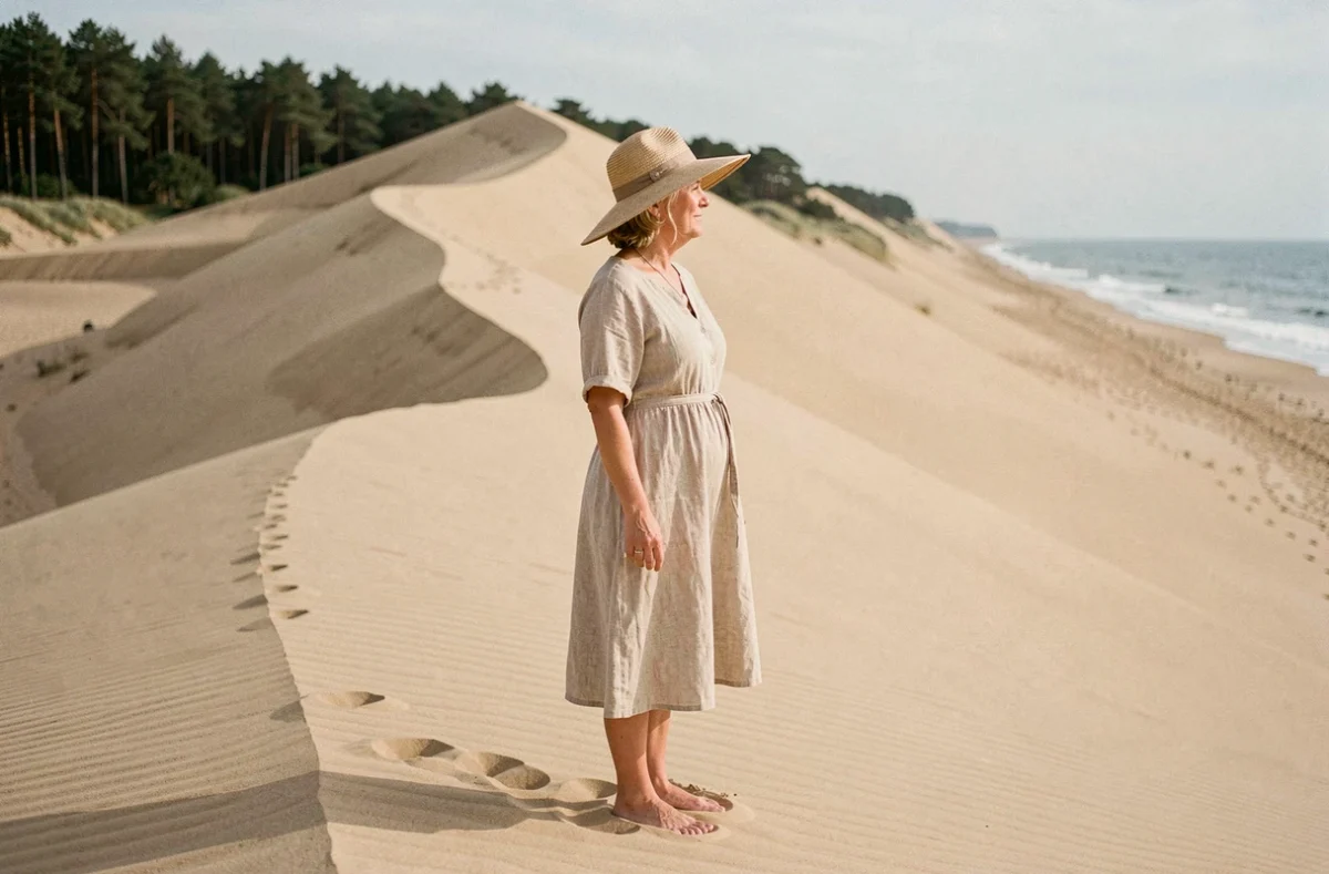 Femme contemplant l'horizon depuis le sommet de la Dune du Pilat avec la forêt de pins et l'Atlantique en arrière-plan