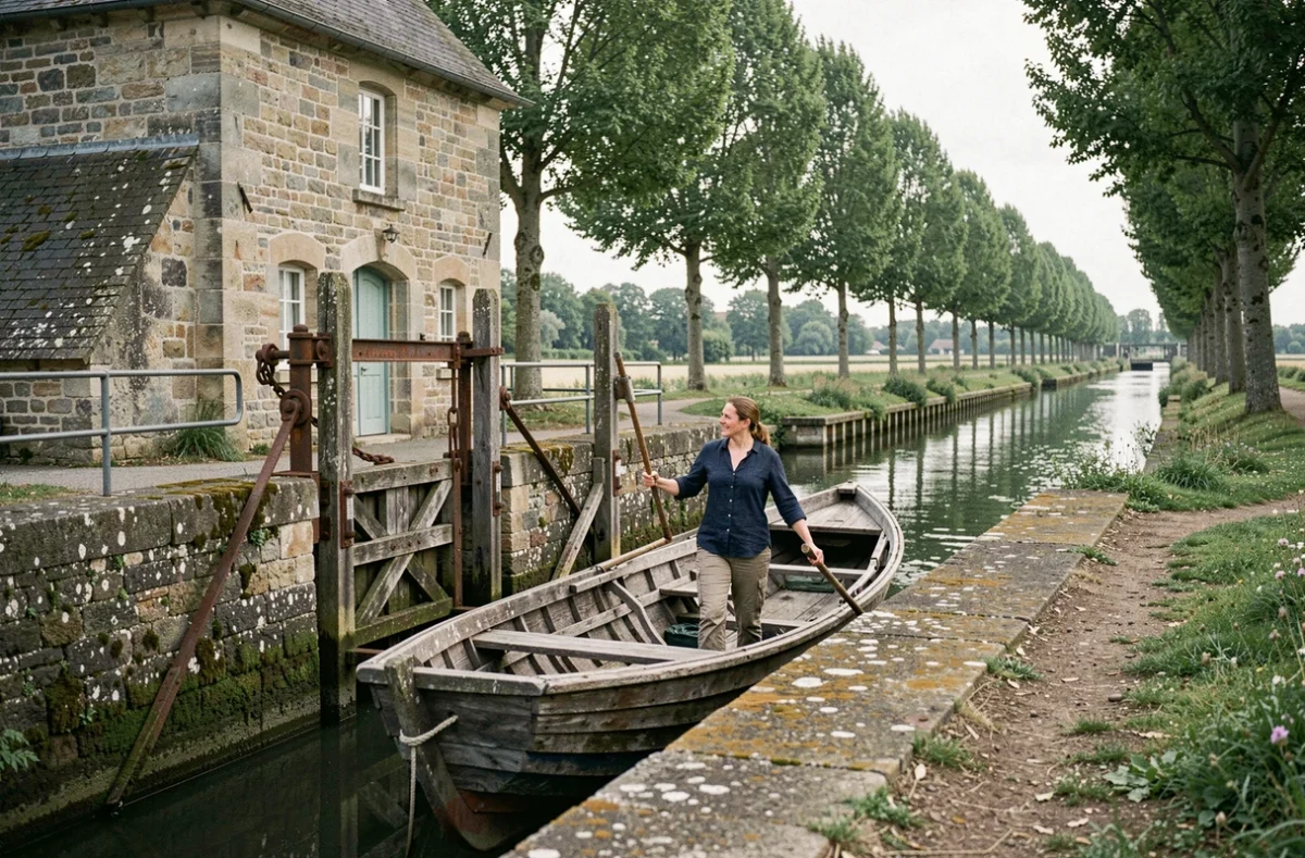 Écluse historique sur le canal de Bourgogne avec une navigatrice manœuvrant un bateau de location