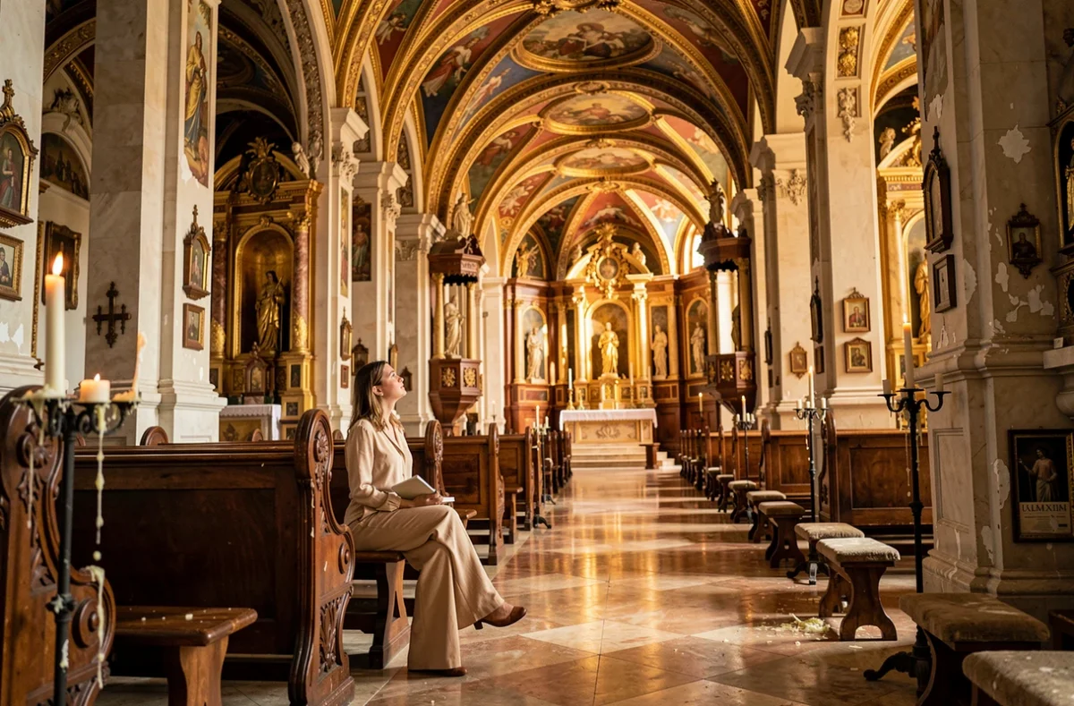 Intérieur baroque de l'église Saint-Philippe de Senglea avec une visiteuse contemplant les fresques du plafond